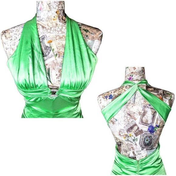 Short Green Halter Cut Out Waist Tight Bodycon Evening Cocktail Mini Dress - Picture 6 of 16